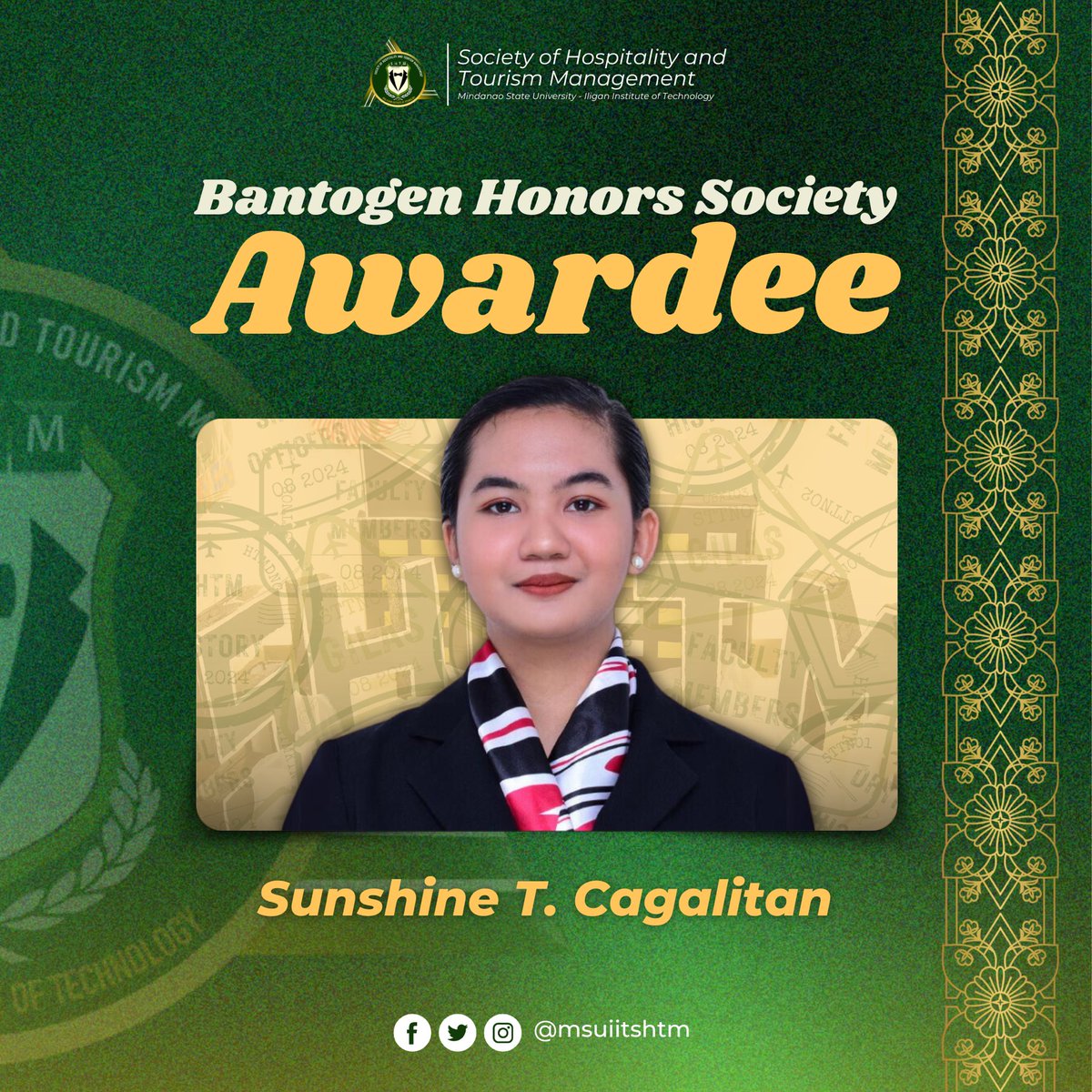 msuiitshtm's tweet photo. Cheers to your well deserved success! 🎉

Congratulations to the former Society Mayor, John Thenes M. Obenario and former Society Vice Mayor Internal, Sunshine T. Cagalitan for receiving the Bantogen Honors Society Award at the MSU-IIT Bantogen Honors Convocation! https://t.co/LSearBvGB0
