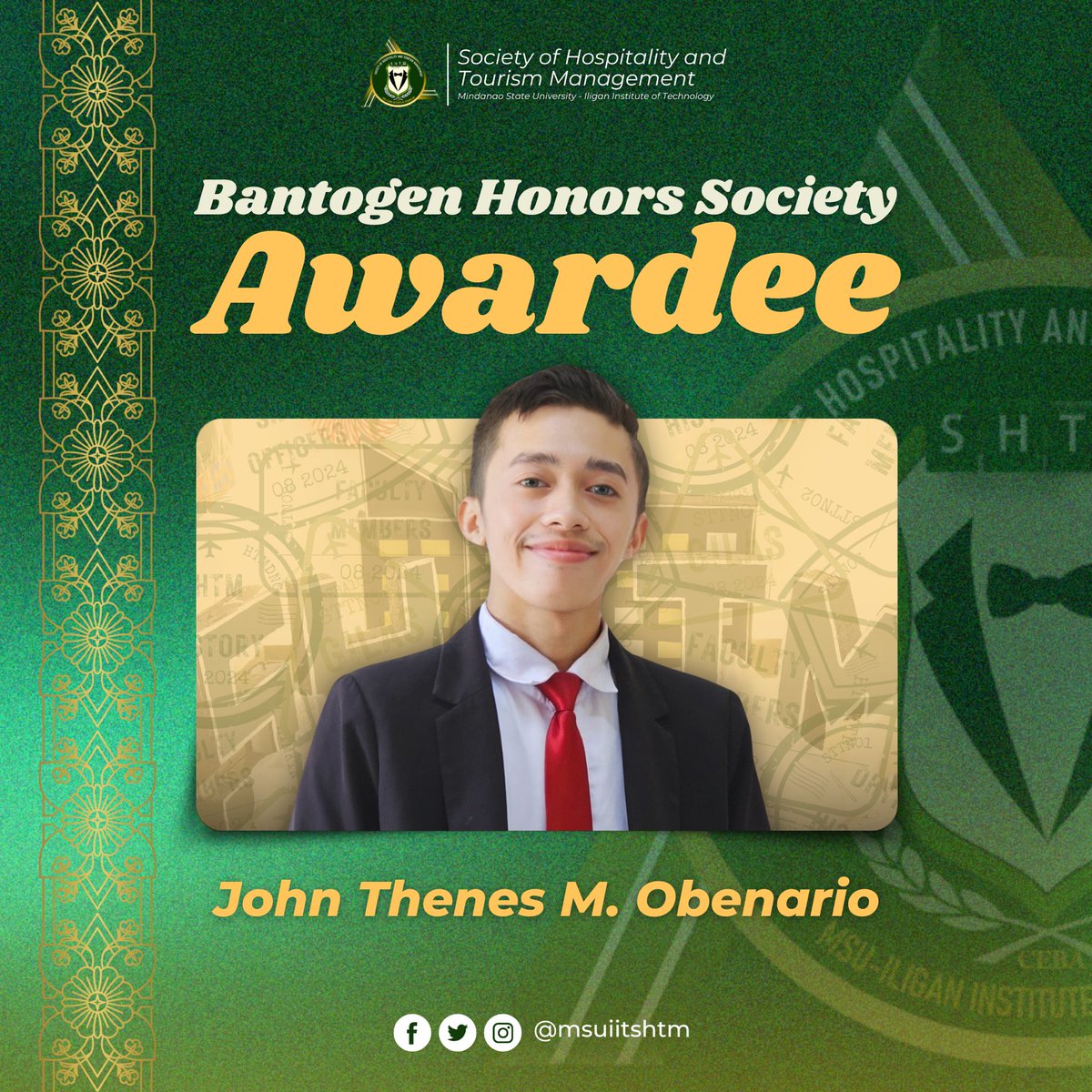 msuiitshtm's tweet photo. Cheers to your well deserved success! 🎉

Congratulations to the former Society Mayor, John Thenes M. Obenario and former Society Vice Mayor Internal, Sunshine T. Cagalitan for receiving the Bantogen Honors Society Award at the MSU-IIT Bantogen Honors Convocation! https://t.co/LSearBvGB0