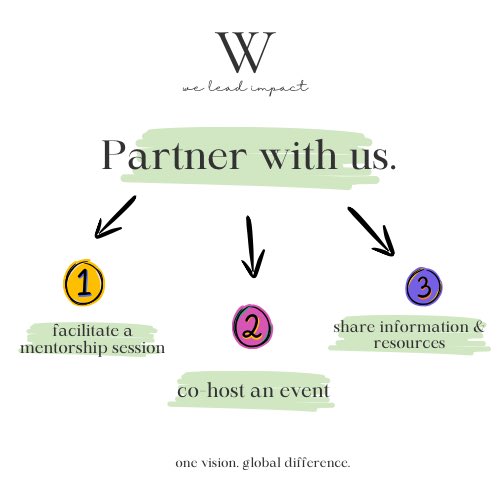 weleadimpact's tweet photo. Would you like to PARTNER WITH US! 😃
Join the WELI Community &amp; partner with us:

1. Facilitate a mentorship session with us
2. Co-host a public event 
3. Share resources and information 

We welcome all partnership ideas
📧 Contact us on internalweliconnect@gmail.com! 🙏🏽

#WELI https://t.co/4P3lT2gwA9