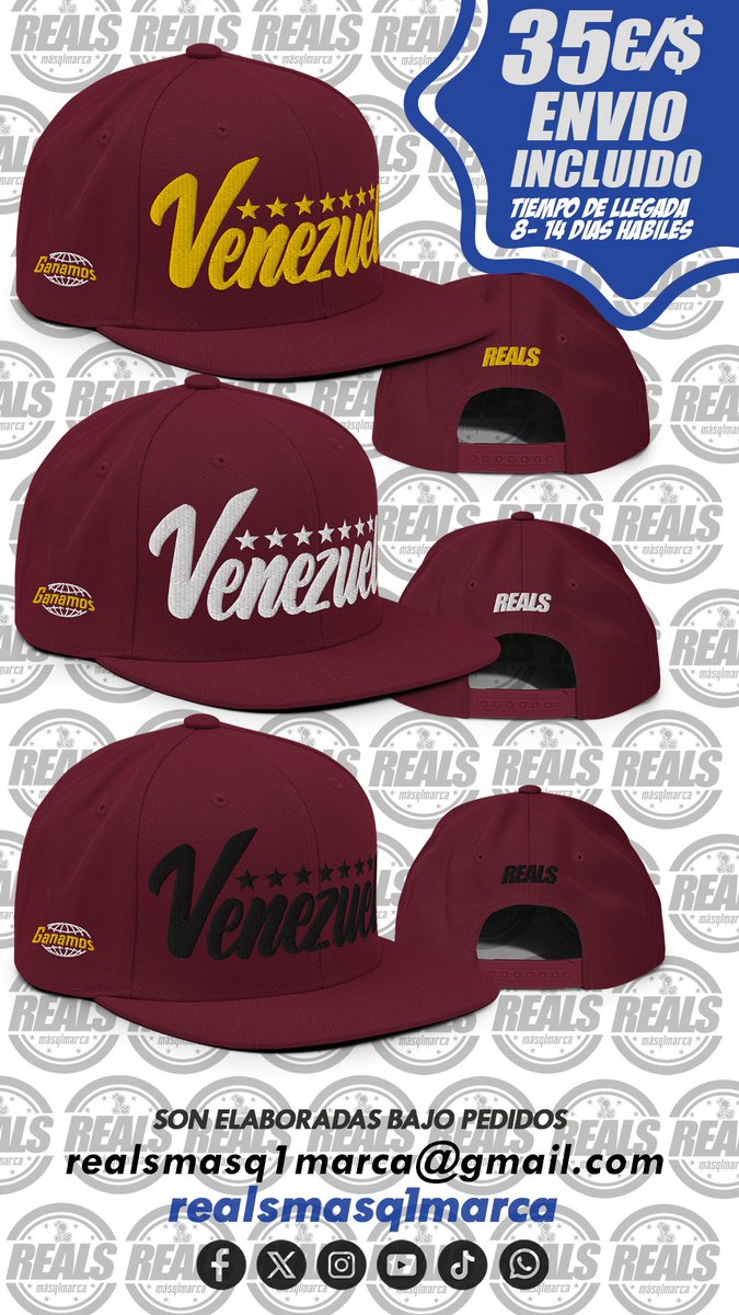 realsmasq1marca's tweet photo. 🇻🇪Gorras unisex ajustables son elaboradas bajo pedidos, 35 bolos con ¡ENVIO INCLUIDO! tiempo de llegada LATAM entre 8 - 14 días HÁBILES, USA /EU 4 - 8 días HÁBILES.
Forma de pago zelle, bizum, paypal.
Para mas información o pedidos a nuestros DM´S o correo electrónico. https://t.co/GK6nV4STBp