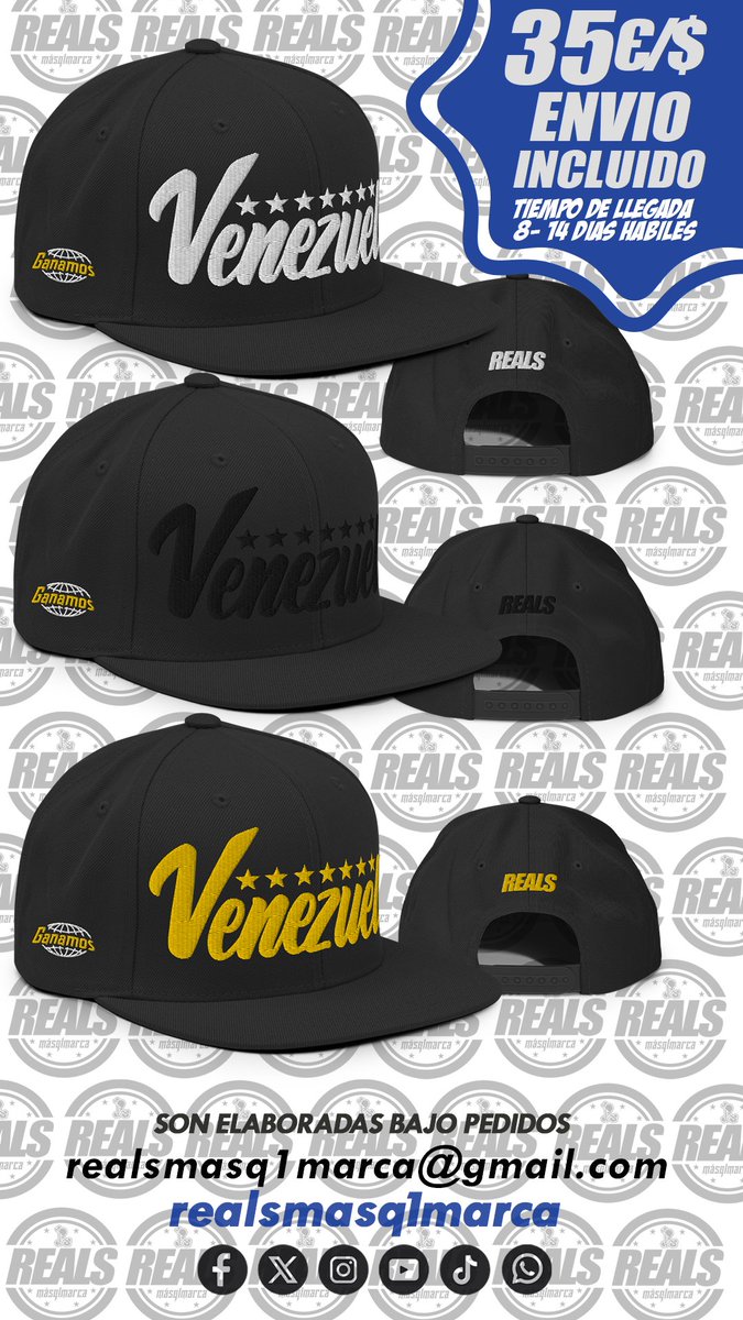 realsmasq1marca's tweet photo. 🇻🇪Gorras unisex ajustables son elaboradas bajo pedidos, 35 bolos con ¡ENVIO INCLUIDO! tiempo de llegada LATAM entre 8 - 14 días HÁBILES, USA /EU 4 - 8 días HÁBILES.
Forma de pago zelle, bizum, paypal.
Para mas información o pedidos a nuestros DM´S o correo electrónico. https://t.co/GK6nV4STBp