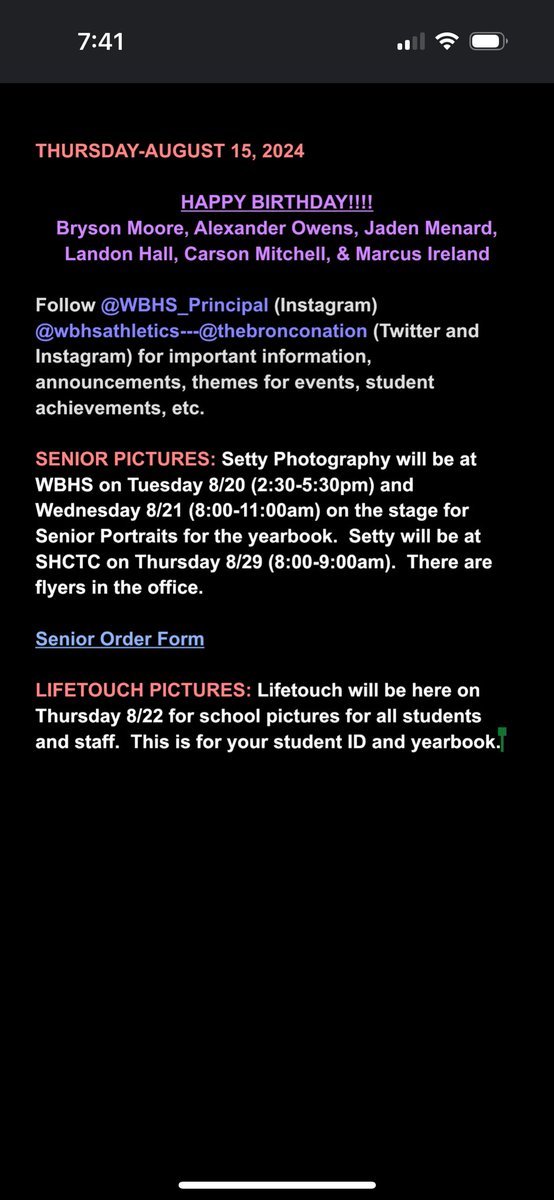 herrmj12's tweet photo. August 15 Announcements @WBHS_Principal @wbhsathletics @TheBroncoNation https://t.co/uSKXE82Rqt