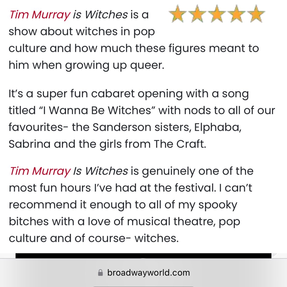 TMurray2006's tweet photo. Reviews for Tim Murray is Witches! 😭 💚 4 shows left at #edfringe https://t.co/b5d2Wl8nIx