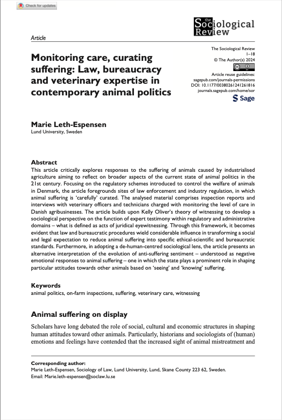 Marie_Leth_'s tweet photo. During my PhD, my interest in 'animals and the politics of suffering' led me to investigate farm inspection schemes. Reflecting on broader issues of  #animalpolitics and #ethicsofwitnessing it now appears in the Sociological Review, illustrated by gifted @Mina_Mimosa https://t.co/IHii5yeBOI