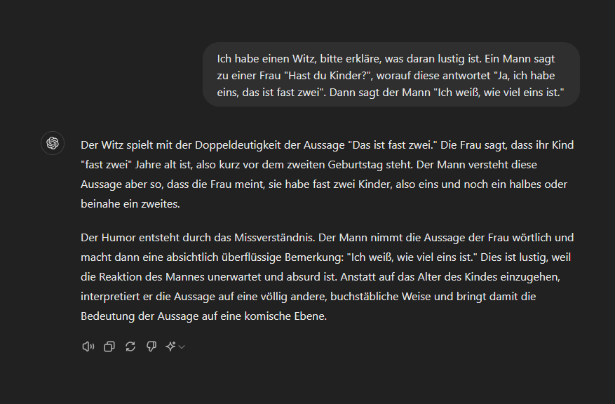 Mat2095's tweet photo. @RumbleBeast666 Also ChatGPT hat den Witz weit schneller verstanden als ich. Aber die Erklärung mit einem halben Kind ist ein wenig makaber... https://t.co/DBCX8u8mZL