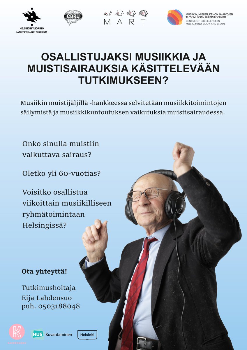 CoE_MMBB's tweet photo. Haetaan osallistujia tutkimukseen! Onko sinulla tai tutullasi jokin muistiin vaikuttava sairaus? Haemme mukaan 60 vuotta täyttäneitä, joilla on mahdollisuus osallistua tänä syksynä musiikilliseen ryhmätoimintaan Helsingissä. Lisätiedot: tutkimushoitaja Eija Lahdensuo, 0503188048. https://t.co/xnMIlIWdgf