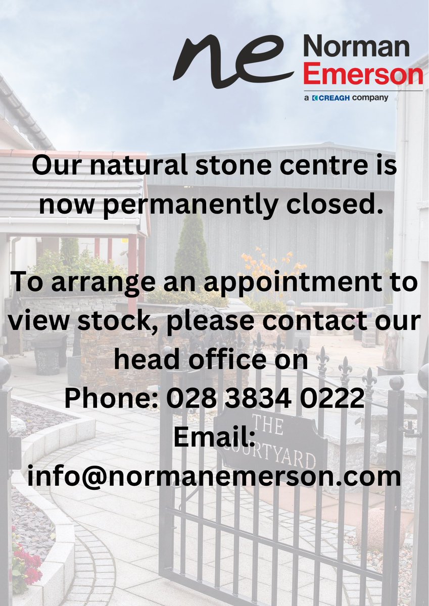 Our Natural Stone Centre is now permanently closed. 

To arrange an appointment to view stock, please contact our head office: 
☎️ 028 3834 0222
📧 info@normanemerson.com
