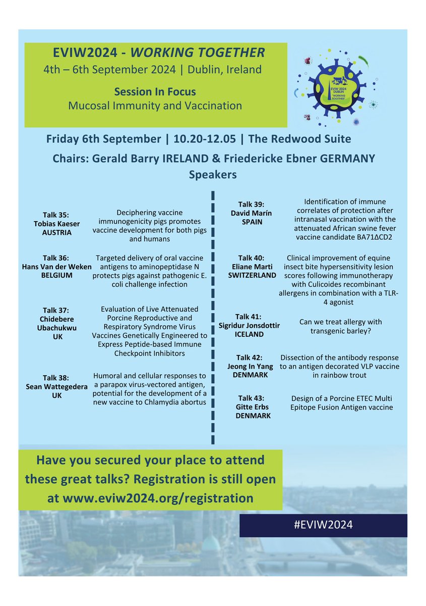 Our highlighted session today is Mucosal Immunity and Vaccination, scheduled for Friday 6th September at #EVIW2024

Register today to attend cutting edge talks by experts in the field!

eviw2024.org/registration/

#EVIW2024 #eci2024 #OneHealth