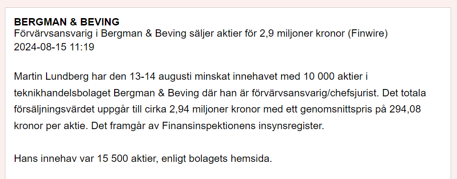StocksundStocks's tweet photo. Ny vecka och nya insynsförsäljningar i Bergman &amp; Beving. Förvärvsansvarige drar ut 65% av sitt innehav (SEK2.9m) $BERG https://t.co/DZPBeBFIDc