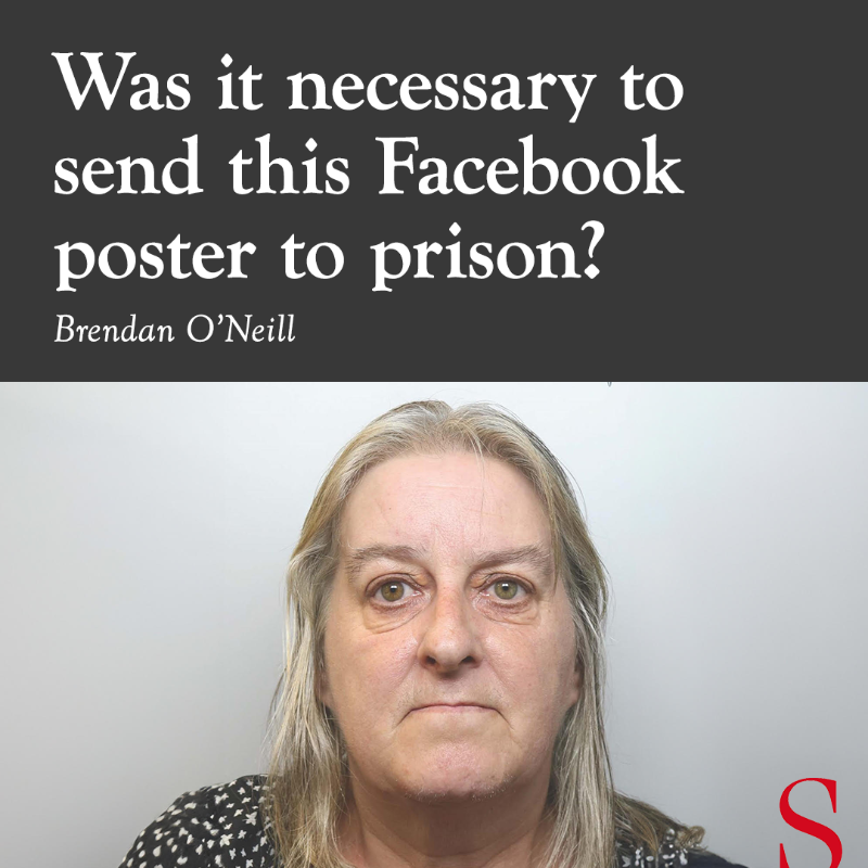 spectator's tweet photo. 'Of the hundreds of people arrested in the wake of the riots, one in particular haunts my mind. It’s Julie Sweeney from Church Lawton in Cheshire.'

✍️ Brendan O'Neill
