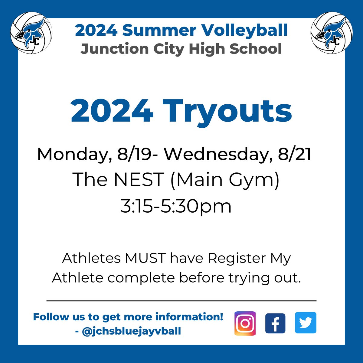 🚨TRYOUT INFORMATION 🚨
Tryouts begin Monday, August 19th!

Prospective athletes must be academically eligible and have completed Register My Athlete (bluejayathletics.org/.../register-m…...) BEFORE tryouts begin!