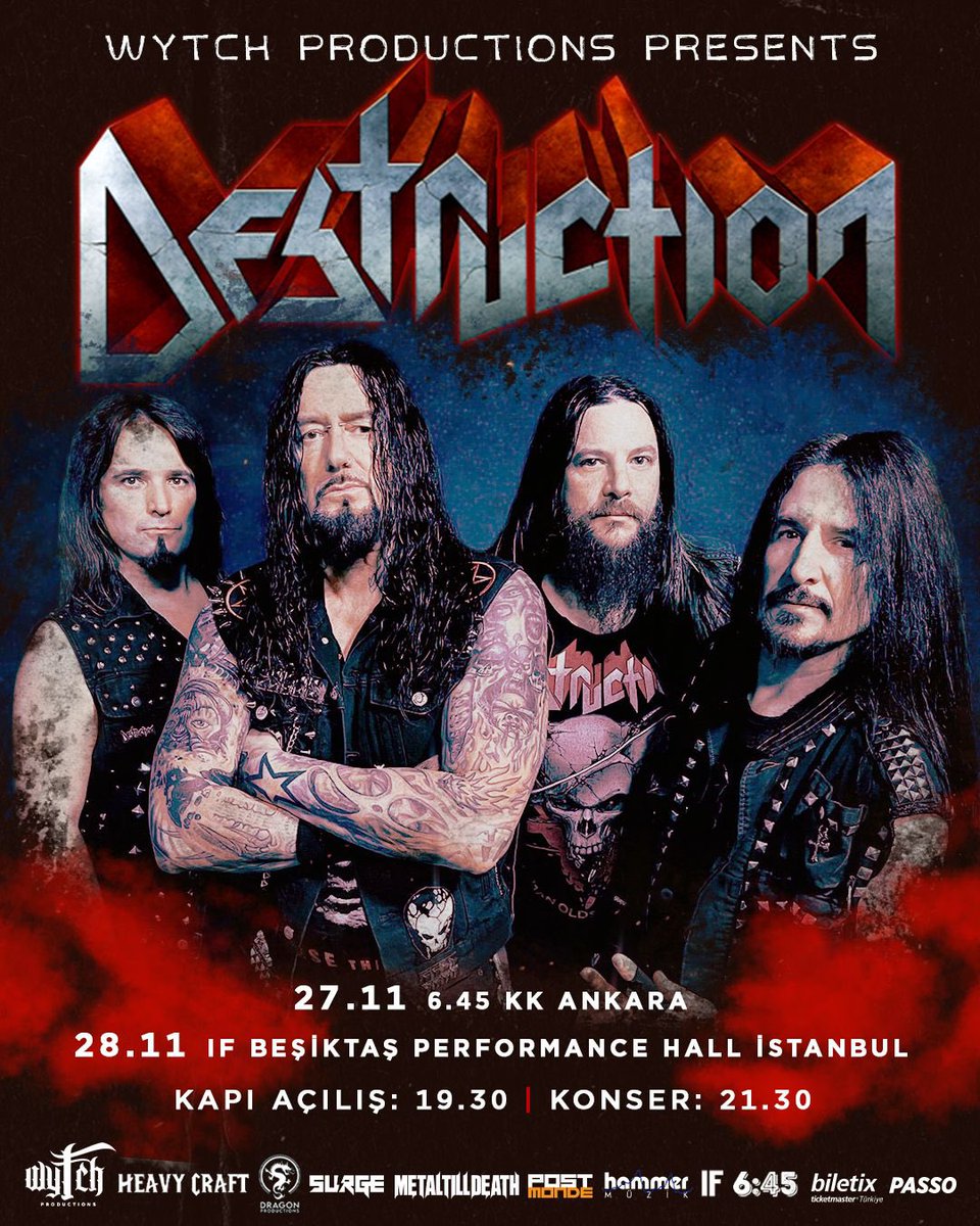 wytchproduction's tweet photo. Destruction Türkiye’de!

Alman thrash metal sahnesinin önde gelen isimlerinden  Destruction, 27 Kasım’da Ankara 6:45KK’da, 28 Kasım’da İstanbul IF Performance Beşiktaş’ta sahne alacak.

Konserin biletleri Biletix,Passo,Hammer Müzik ve Heavy Craft’ta satışta. https://t.co/poSFgRB4rC
