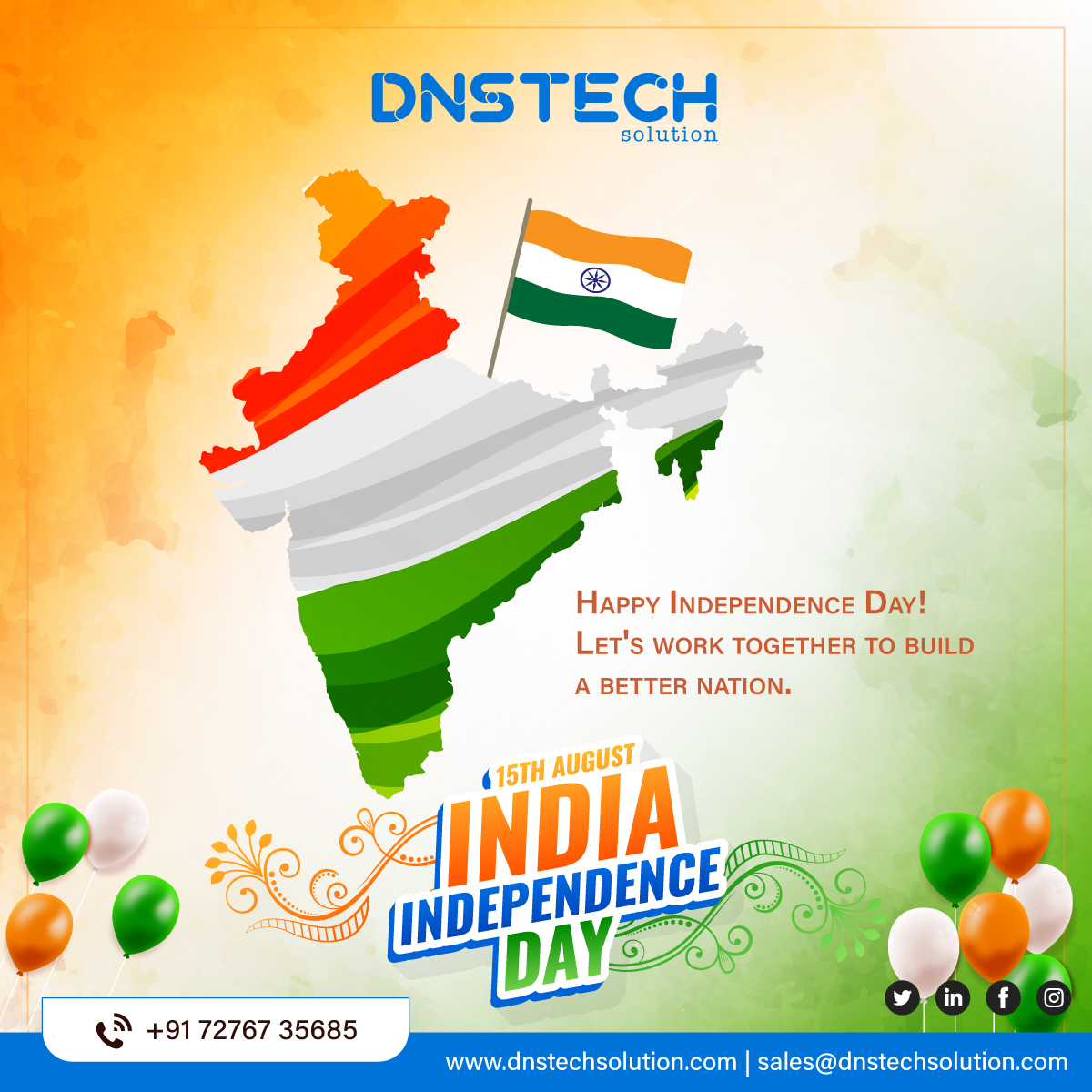 DnstechSolution's tweet image. 🇮🇳 Happy Independence Day! Let’s unite to build a better nation. Together, we can make India shine brighter! #IndependenceDay #IndiaAt78 #DNSTECHSolution
Visit: dnstechsolution.com
Email: sales@dnstechsolution.com