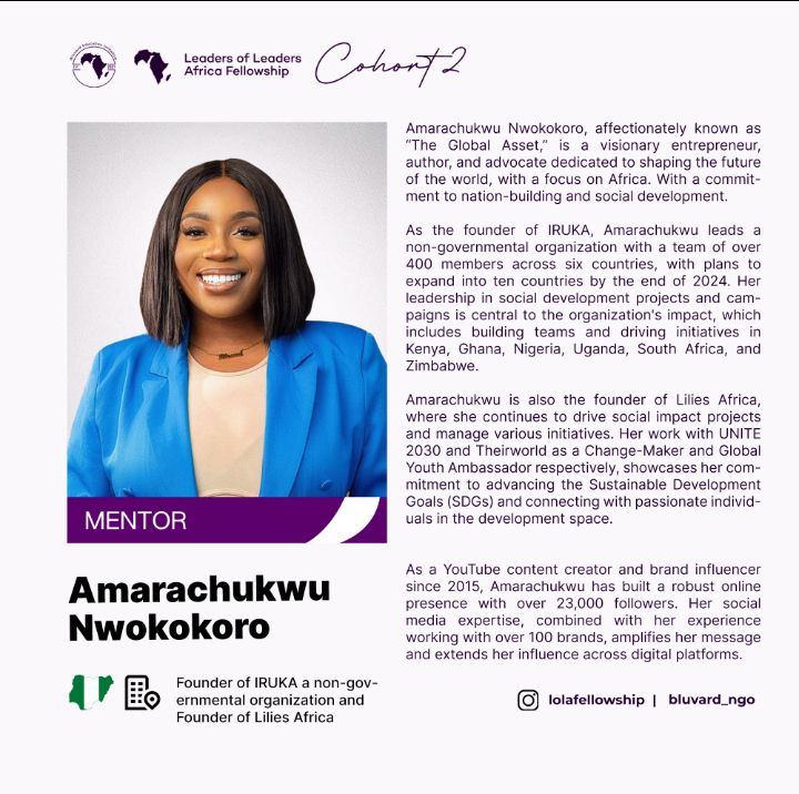 Our next mentor on the list

We are excited to announce Social Innovator and founder of Iruka, Ms Amarachukwu Nwokokoro  as a Mentor for this cohort of the leaders of leaders Africa Fellowship.