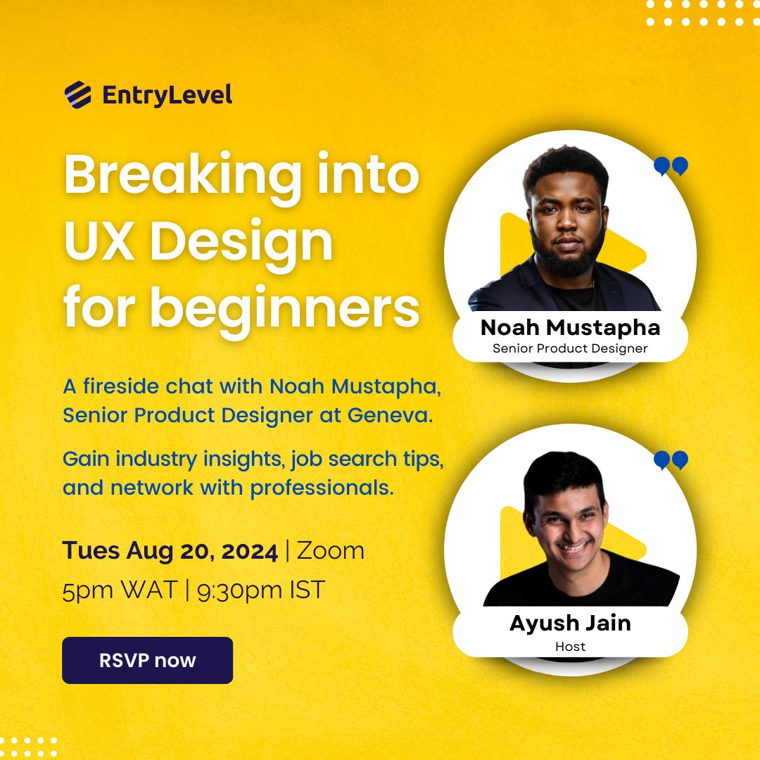 EntryLevelNet's tweet image. Time to kickstart your UX design journey! 😉
Join us for a fireside chat with Noah Mustapha, Senior Product Designer at Geneva. This event will be packed with expert advice on building your skills, portfolio, and career in UX design. 🎨
RSVP now: lu.ma/x54tehdz