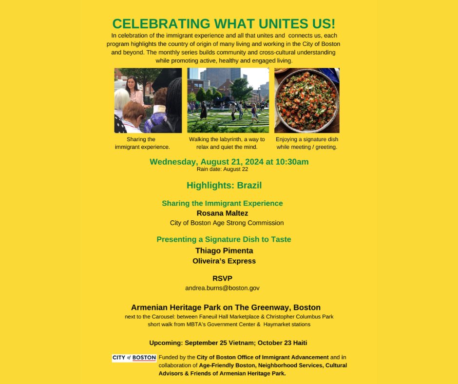 BSHC's tweet photo. Next Wednesday, join @AgeStrongBos in Celebrating What Unites Us: Brazil! Build #CrossCulturalUnderstanding with Boston's #BrazilianCommunity by listening to stories and sampling a signature dish from Oliveira's. To RSVP, contact andrea.burns@boston.gov. https://t.co/5j9VvLjeS6