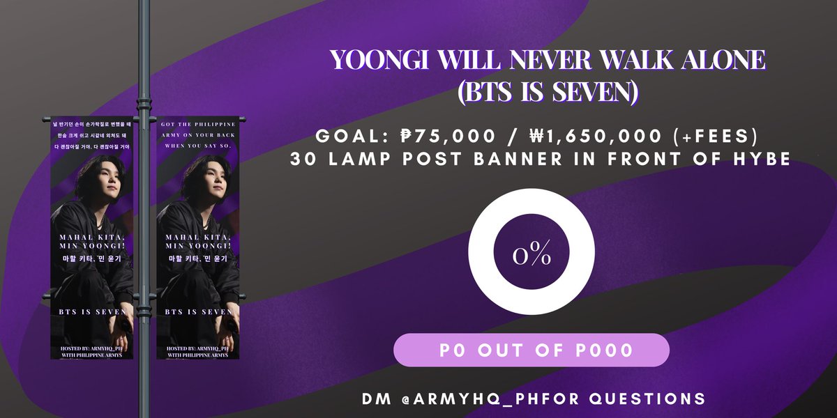armyHQ_ph's tweet photo. YOONGI NEVER WALK ALONE (BTS is 7) 💜

INSTALLATION DATE: AUGUST 25
LOCATION: IN FRONT OF HYBE 

💜Donation drive: https://t.co/1zMd2iMMiT
🎯 Goal: ₱75,000
🗓️ Deadline: AUGUST 20, 2024
🗒️ Transparency: https://t.co/y1vRgG4iIF

#YOONGINeverWalkAlone 
#SUGA #방탄소년단 #BTS https://t.co/yjVWN0DDUR