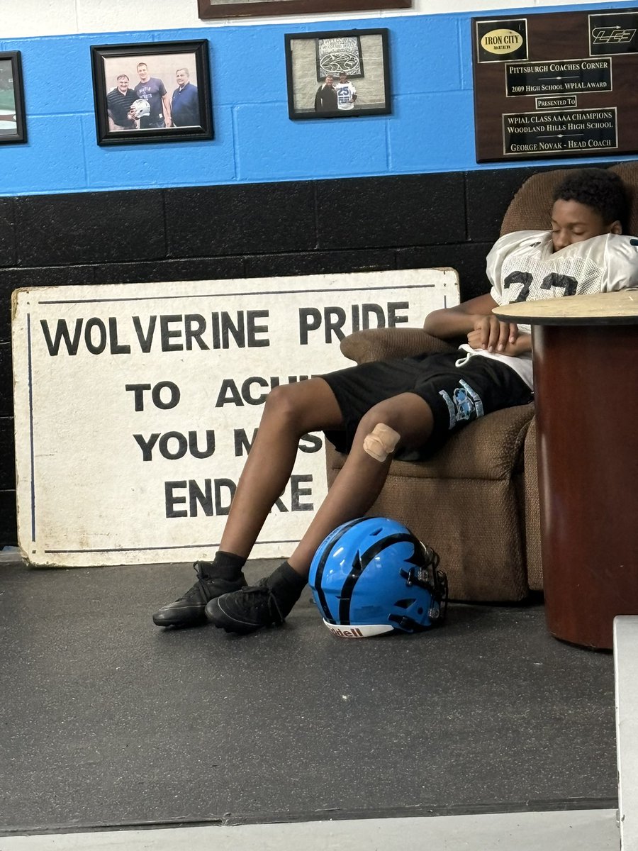 Good morning from Wolverine Camp!
Freshman DB Antwon Luster  takes a nap in our newly decorated George Novak Player Lounge.  
To Achieve You Must Endure!!