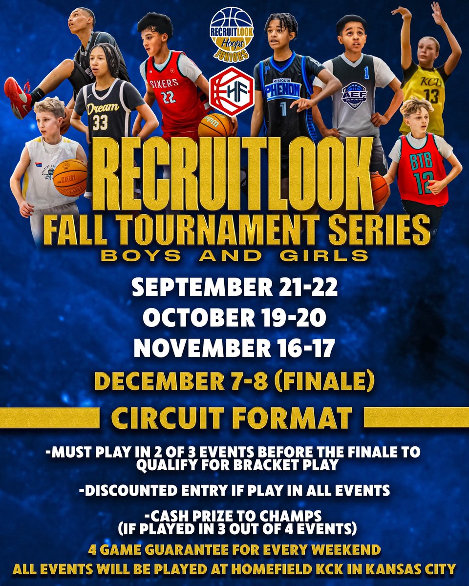 Excited to Welcome...

NE MVP Elite 11u-14u teams to the RecruitLook Fall Tournament Series!

🏀Competition
🎥Media Coverage
📍All Games @ Homefield KCK
💵🏆Cash &amp; Trophy Chasing

More info: recruitlook.com/recruitlook-ho…