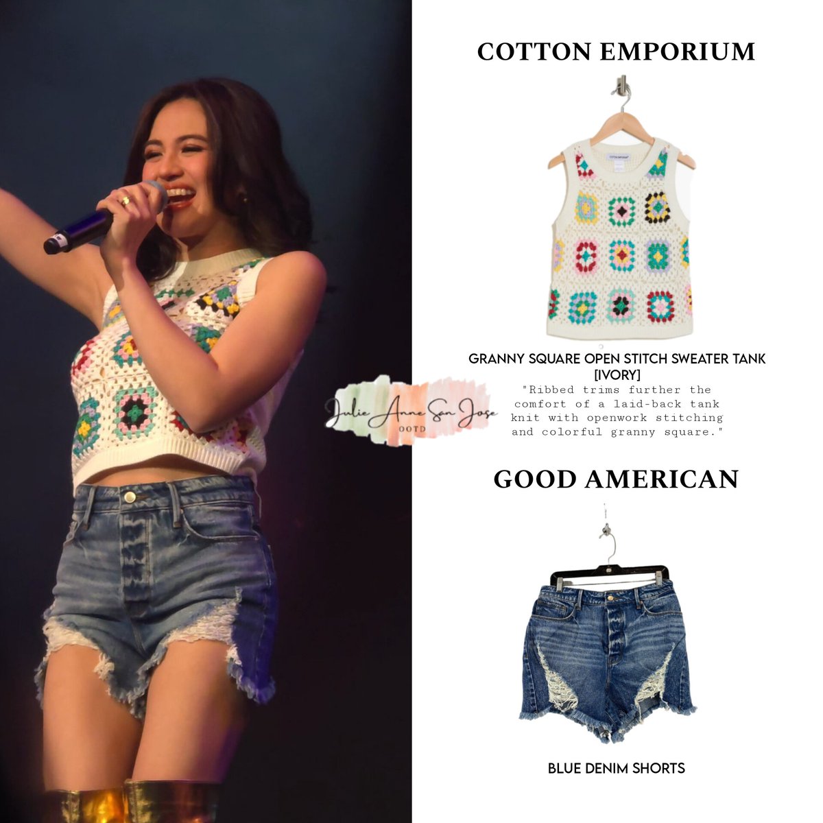 jasj_ootd's tweet photo. Exact Match! [08152024] [@myjaps]✨

✨ JULIE ANNE SAN JOSE✨
☆ BRAND : Cotton Emporium and Good American
☆ ITEM : Granny Square Open Stitch Sweater Tank and Blue Denim Shorts
☆ LINK : ☞ https://t.co/f4prmV8XMb
☞ https://t.co/iTq5F0CPV2

#julieannesanjoseootd https://t.co/KqNh3tIumX
