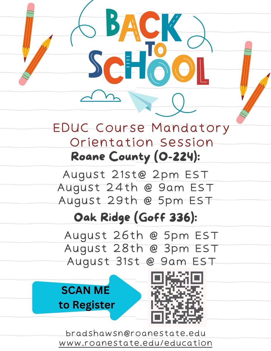RoaneState_EDUC's tweet photo. Don't forget to register for your Fall 2024 courses! And if you are signed up for an EDUC course with Prof. Bradshaw, make sure you sign up for your orientation session. https://t.co/MsJNwNyOzU