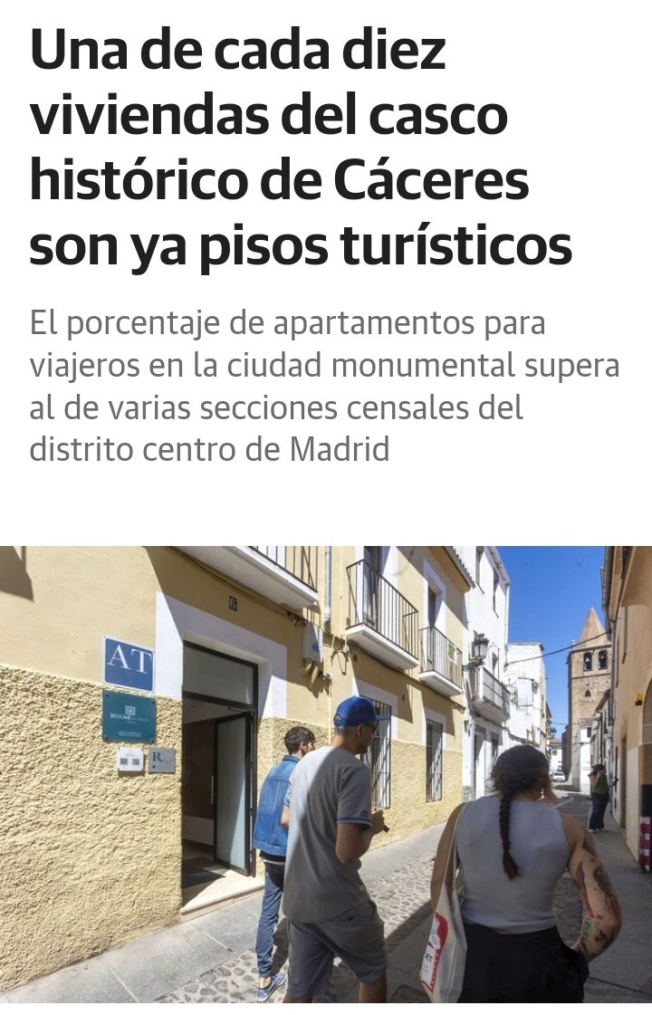 molocohb's tweet photo. Una de cada diez viviendas del casco histórico de Cáceres son ya apartamentos turísticos. Desde julio, superan los 400.
Empezamos a tener un grave problema de precios y disponibilidad. Necesitamos que se ponga freno a esto si no queremos acabar como otras ciudades que ya han 👇 https://t.co/iWeqlhABxT