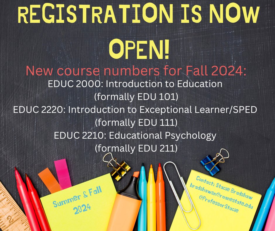 RoaneState_EDUC's tweet photo. Don't forget to register for your Fall 2024 courses! And if you are signed up for an EDUC course with Prof. Bradshaw, make sure you sign up for your orientation session. https://t.co/MsJNwNyOzU