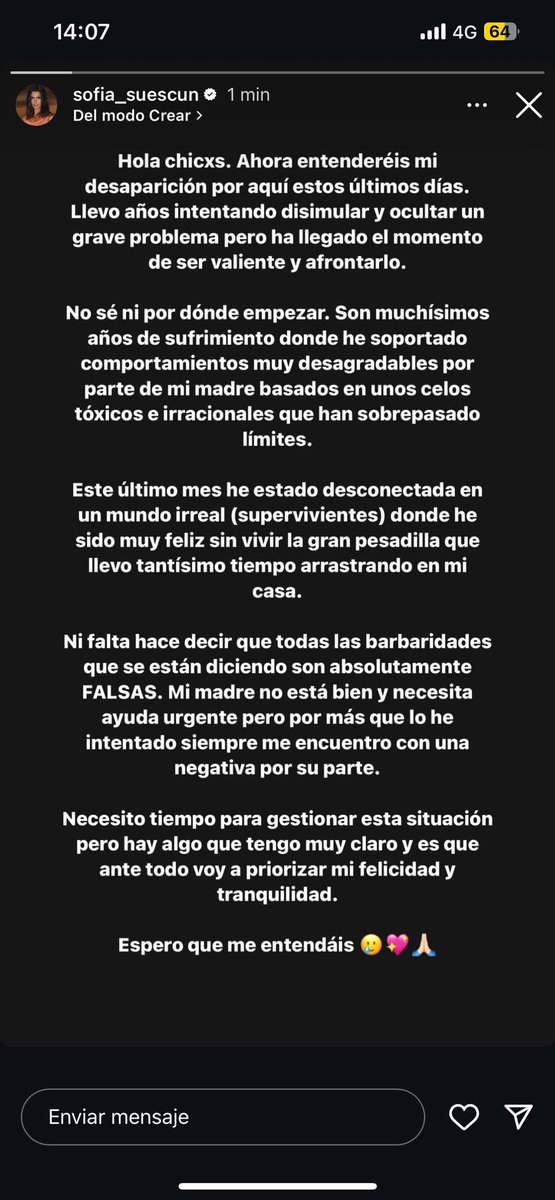 Sofía Suescun confirma que su madre Maite Galdeano no está bien y necesita ayuda urgente.

“Son años de sufrimiento donde he soportado comportamientos muy desagradables”

“Voy a priorizar mi felicidad y tranquilidad”

Mucho ánimo, <a href="/sofiasuescun/">SOFIA💫</a> 💪🏼