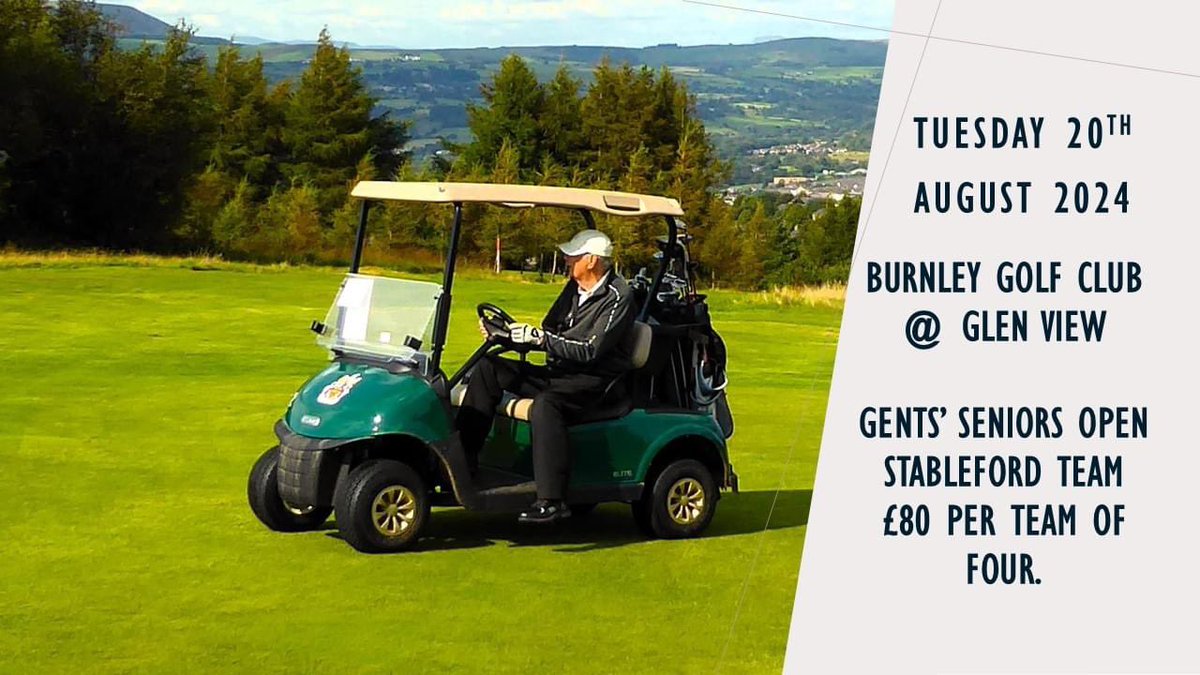Still a few places available for our Open Seniors Stableford Team (4) next Tuesday 20th August 2024. Come an enjoy a great day out at Burnley Golf Club. Booking is easy via our website: burnleygolfclub.com or via Golf Empire. Thank You.
