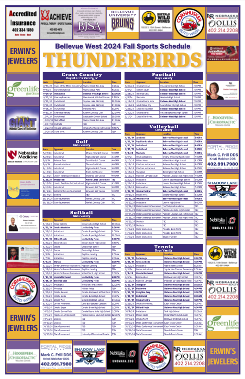 Fall Sports contests begin next Thursday, August 22nd with softball at home.  Thank you to all of our Platinum and Corporate Sponsors this year as well!!!!
- Live streaming for football and volleyball can be found at: fan.hudl.com/thunderbirds