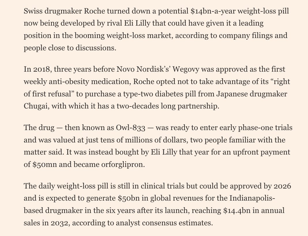 Oliver Barnes (@mroliverbarnes) on Twitter photo A little known tale: Swiss pharma group Roche, which is pitching itself to investors as a new weight loss contender, passed on an anti-obesity pill that would become Eli Lilly's potential mega-blockbuster orforglipron for less than $50mn upfront.
Story with <a href="/ian_c_johnston/">Ian Johnston</a> A little known tale: Swiss pharma group Roche, which is pitching itself to investors as a new weight loss contender, passed on an anti-obesity pill that would become Eli Lilly's potential mega-blockbuster orforglipron for less than $50mn upfront.
Story with <a href="/ian_c_johnston/">Ian Johnston</a>
