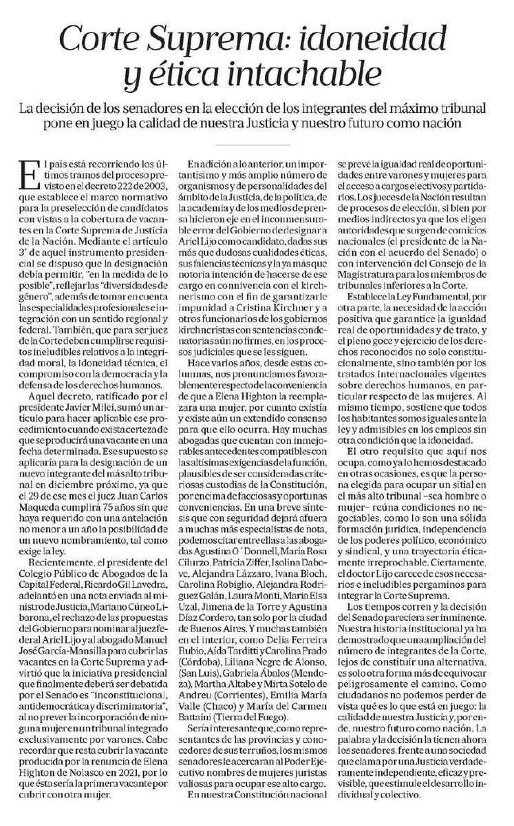claudiapineiro's tweet photo. La editorial de @LANACION con un fuerte llamado a la inclusión de mujeres en la Corte Suprema, que incluye lista de notables (para los que argumentan que no las hay) https://t.co/E6Xu178BRO