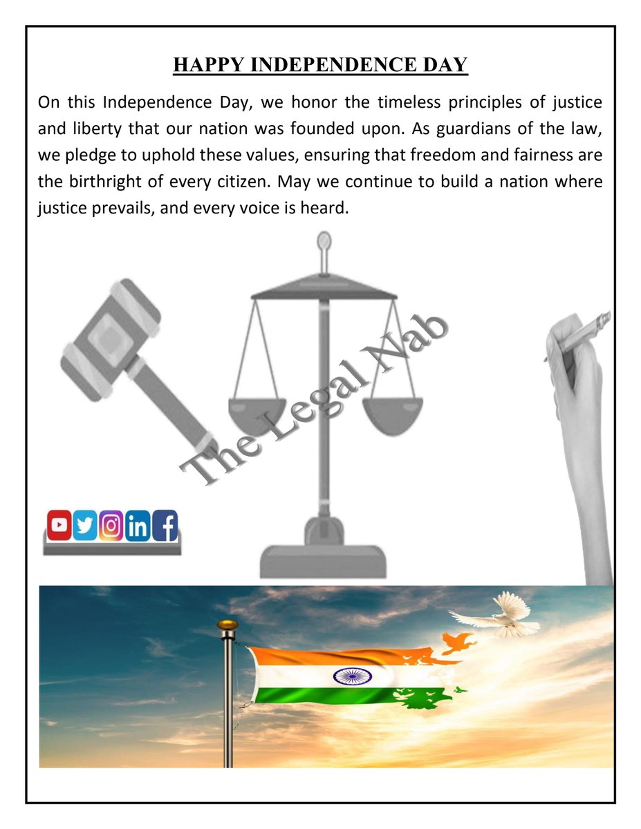 LegalNab's tweet photo. HAPPY INDEPENDENCE DAY.

#happyindependenceday2024 #freedom #celebration #thelegalnab #law #legal #indianlawyer https://t.co/Byp9b9BrZj