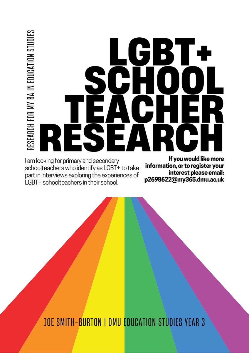 Hi 👋🏻 I am looking for LGBT+ school teachers to take part in my dissertation research exploring the experiences of LGBT+ teachers in their school. 

Get in touch if your are interested in taking part 🏳️‍🌈🏳️‍⚧️
