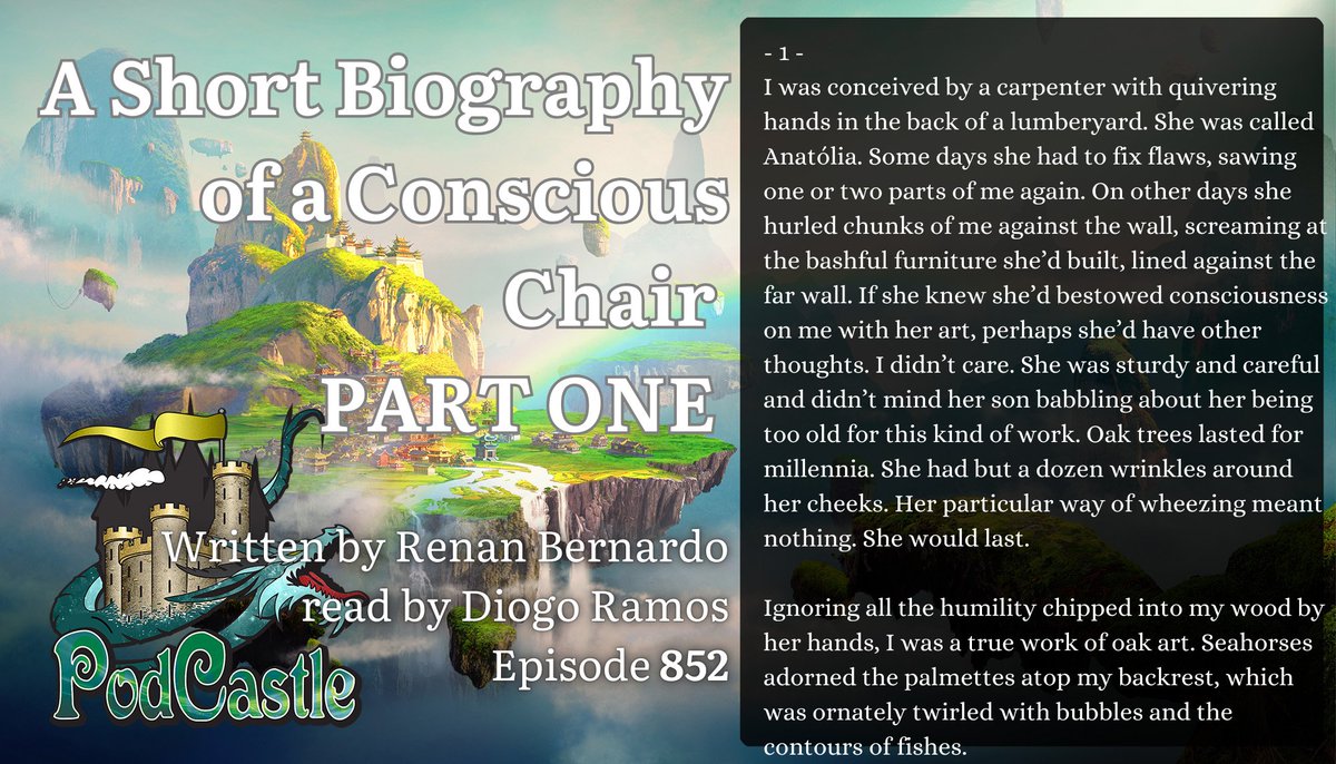 PodCastle_org's tweet photo. #PC852: A Short Biography of a Conscious Chair - PART ONE by Renan Bernardo, read by Diogo Ramos. Previously published by Samovar Magazine. Rated PG. Content warning for off-screen parental death. https://t.co/Ixgx4PXlCX