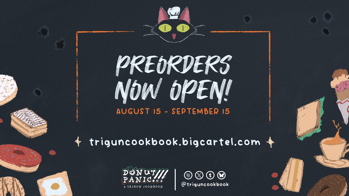 triguncookbook's tweet photo. 🍩 PRE-ORDERS ARE OPEN! Grab your copy of Donut Panic!!! A Trigun Cookbook today! ✨

🍎 Bigcartel: https://t.co/UxClihofOi
🍎 Etsy (for UK-buyers only): https://t.co/r5FagDmCKz https://t.co/k41TC6xfvN