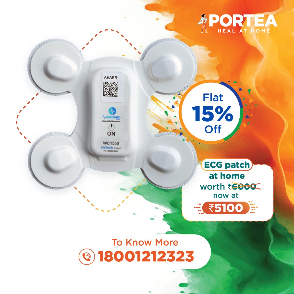 PorteaMedical's tweet photo. Freedom from Hospital Queues! Get 15% off Portea’s ECG Patch, which continuously monitors your heart up to 72 hours. Enjoy Independence Day with health and comfort!
#IndependenceDayOffer #HeartHealth #ECGAtHome #HeartCare #HealthTech #WellnessJourney #HealthyHeart #PorteaMedical https://t.co/zHQhb4wDNk