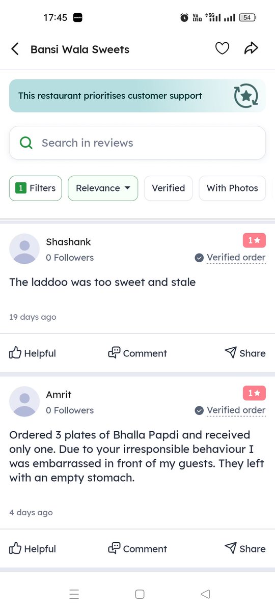 NV7PS's tweet photo. @deepigoyal @zomato @zomatocare I ordered 3 items from Bansi Wala Sweets. My experience was very bad with Zomato &amp; restaurant which is delivering stale foods to customers and Zomato team is not understanding customer issues. Here are some feedback from customers. https://t.co/hjX4c6FW07