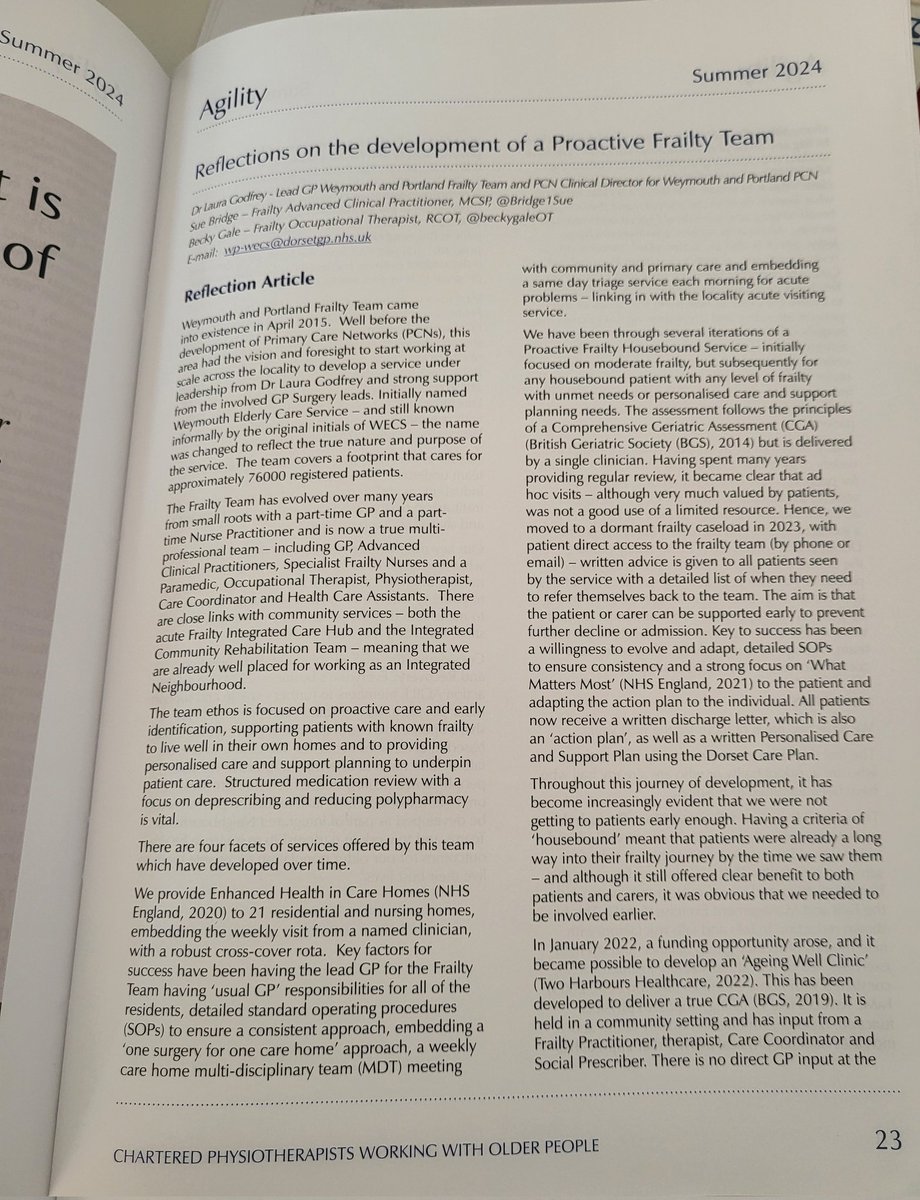beckygaleOT's tweet photo. Thank you @AGILECSP for publishing our article about the proactive frailty work we have been carrying out in Weymouth & Portland, so proud to be a part of this amazing team.
Dr Laura Godfrey & @Bridge1Sue #RightToRehab #AgeingWell #ProactiveFrailty #MDTapproach #MattersMost https://t.co/nOGEIfnRAX