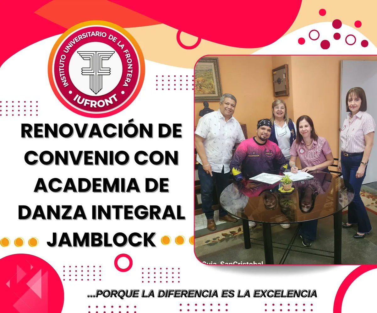 Iufrontoficial's tweet photo. 🎊¡Estamos emocionados de anunciar la renovación del Convenio entre la Academia de Danza Integral JAMBLOCK y el IUFRONT! 💃
Con este Acuerdo, los estudiantes del IUFRONT y la comunidad tendrán la oportunidad de participar y desarrollar actividades culturales.
#iufront #15agosto https://t.co/OCKLfbmp2j