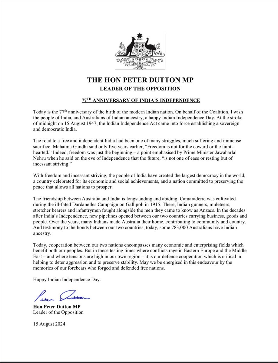 Happy 77th anniversary of India's Independence.
Wishes from Leader of the Opposition the Hon <a href="/PeterDutton_MP/">Peter Dutton</a>
#15August #IndianIndependenceDay
#IndependenceDayIndia2024