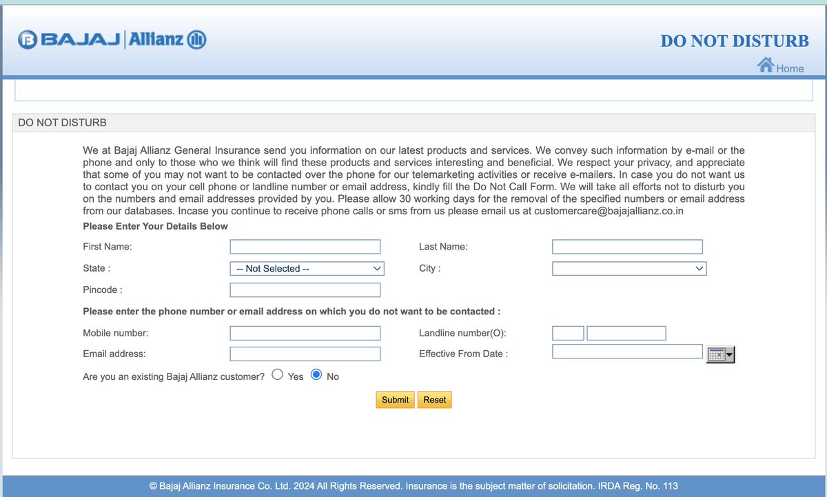 What kind of DND is this <a href="/BajajAllianz/">Bajaj Allianz General Insurance</a>?   

I tried unsubscribing from your promotional emails and you asked me fill an entire form with all personal details and when I fill the form, you say an executive will call to confirm the details. :slow-clap: #PrivacyMatters