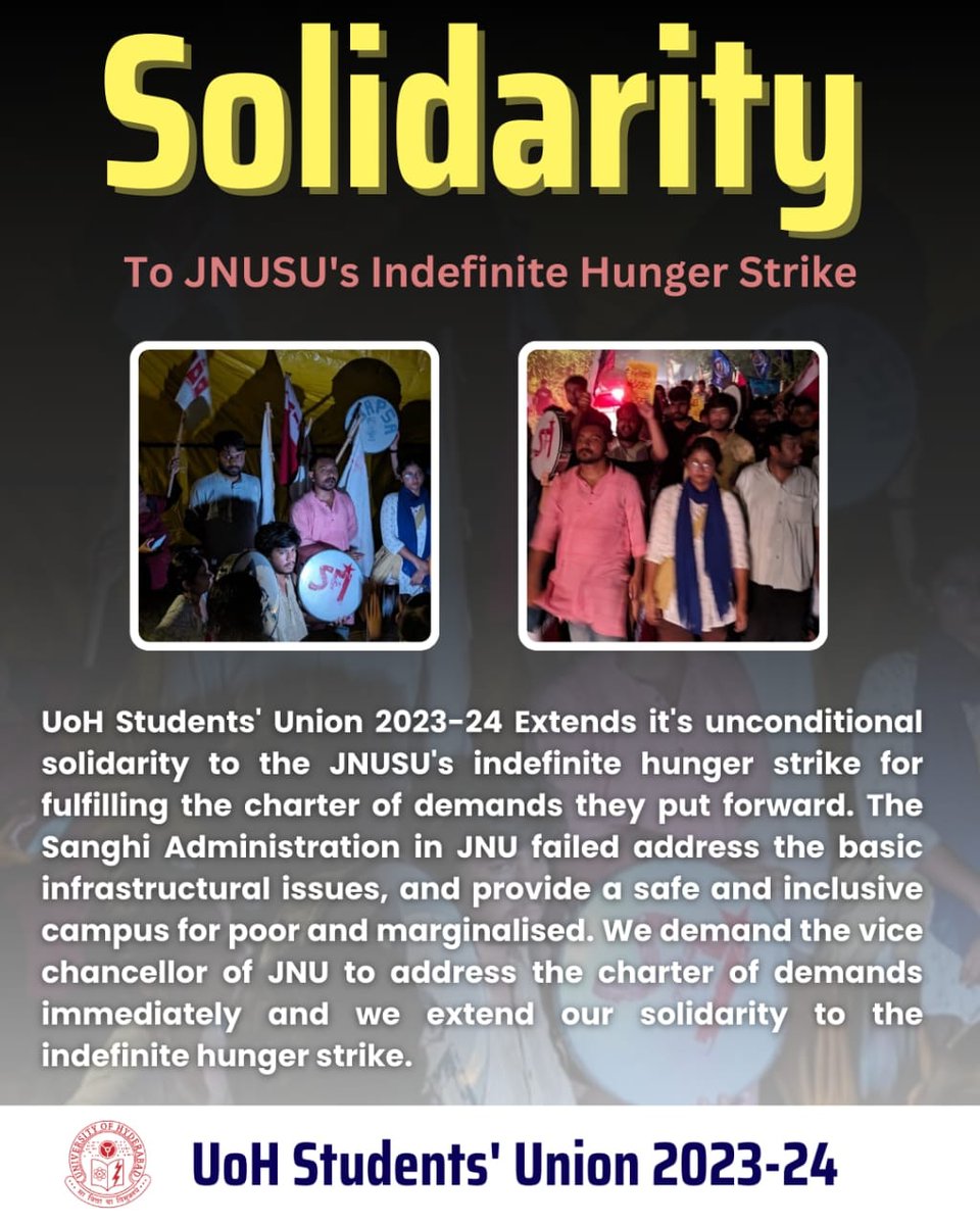 Avijit_786's tweet photo. Hyderabad Central University Students' Union extends its solidarity with the fighting students of JNU against the corrupt & anti-student admin and VC. We thank the HCU student community and stand together in the larger fight to save public education!
#StudentsUnityLongLive https://t.co/bax2ilyBNB