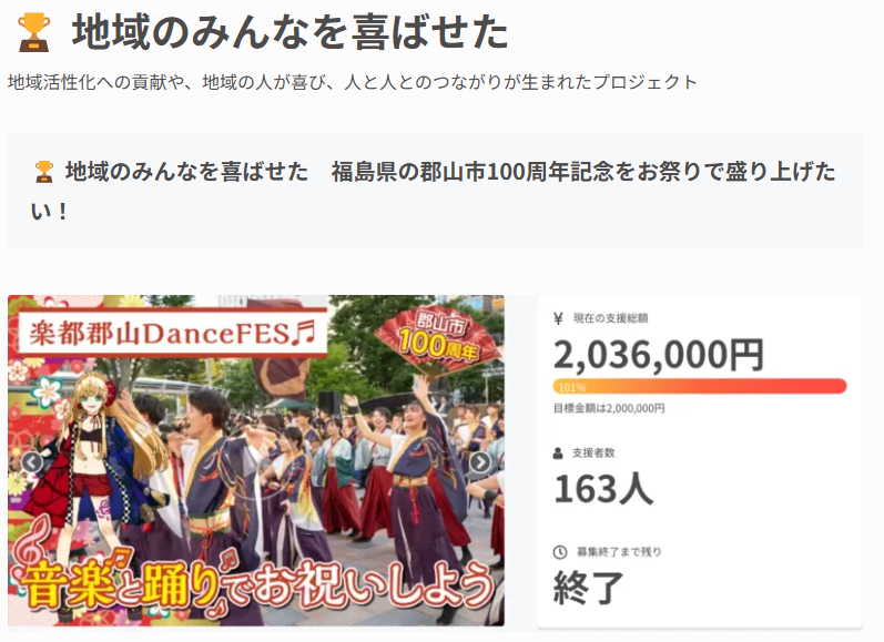DanceFES1's tweet photo. CAMPFIREの6月月間アワードにて、『福島県の郡山市100周年記念をお祭りで盛り上げたい！』プロジェクトが、『地域のみんなを喜ばせた』として受賞しました🎉

この賞は、地域活性化への貢献や、人々が喜び合い、つながりが生まれたプロジェクトに贈られるものです。

このプロジェクトは、郡山市の100周年を記念して地域を盛り上げるために、皆さんのご支援とご協力により実現しました。
地域の絆を深め、新たな体験を創出することができたのは、まさに皆さんのおかげです。

これからも、郡山の魅力を広め、さらなるイベントを通じて地域を活性化していきます。
応援いただいたすべての方々に心から感謝申し上げます。

引き続きよろしくお願いいたします✨

【詳細URL】
https://t.co/WDrm81u5UO