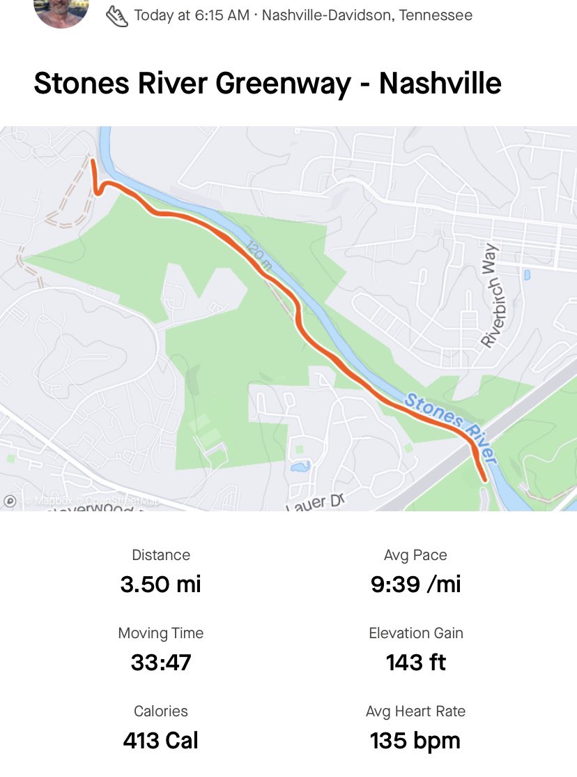Bama26Point2's tweet image. 6:15am - 68°F - Stones River Greenway - east side of Nashville, TN * 3.5 miles in 33:47 * love new places to run and this trail by the river is just beautiful #runchat #runner #runcoach