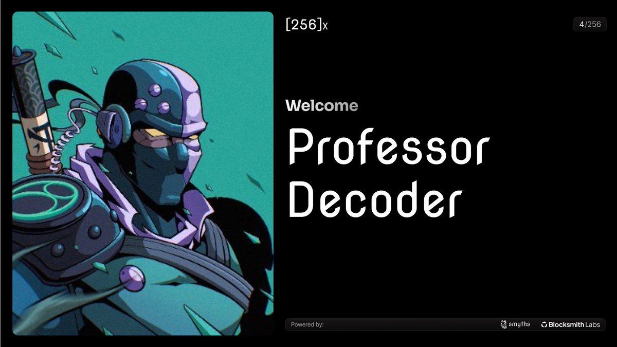 Welcome @Prof_Decoder to [256]code,

Joining web3 full-time since early 2022, they launched the SOL Decoder NFT and have been enhancing its utility, developing automation and Discord bots for Meteora DLMMs. A member of TheSixNine’s Shadow team, they’re crafting a SocialFi