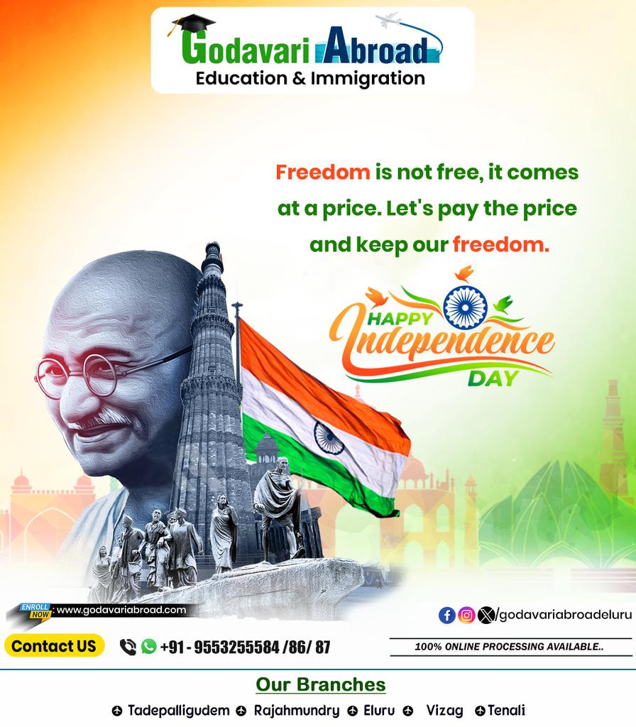 Godavariabroad's tweet photo. “🇮🇳 Celebrating the spirit of freedom and opportunity this Independence Day! At Godavari Abroad Education Consultancy, we honor India's rich heritage by empowering students to achieve their global aspirations. May this day inspire us to continue striving for excellence. https://t.co/WYhh5PN09h
