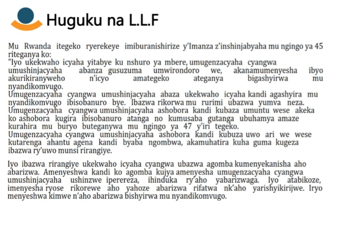 LLF_Act's tweet photo. HUGUKA NA LLF
UKO IBAZWA MU GIHE CY'IPEREREZA RITEGANYWA N'ITEGEKO RYEREKEYE IMIBURANISHIRIZE Y'IMANZA Z'INSHINJABYAHA.
#HugukanaLLF
#somaumenyeAmategeko #ReadtoKnwotheLaws #tumenyeAmategekoyacu #Huguka
#RwOT #Rwandans #Kigali https://t.co/5HKmR29X5w