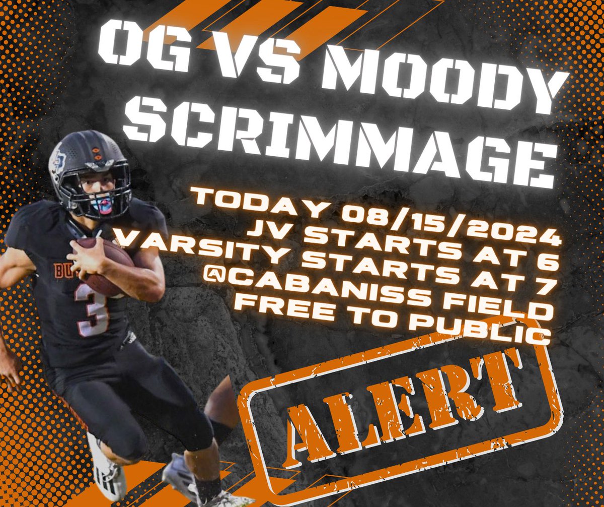 GAME DAY!!  High School Football scrimmage today!  Slight time change!  JV at 6:00; Varsity at 7:00.  Cabaniss Field Corpus Christi.  Free to public.