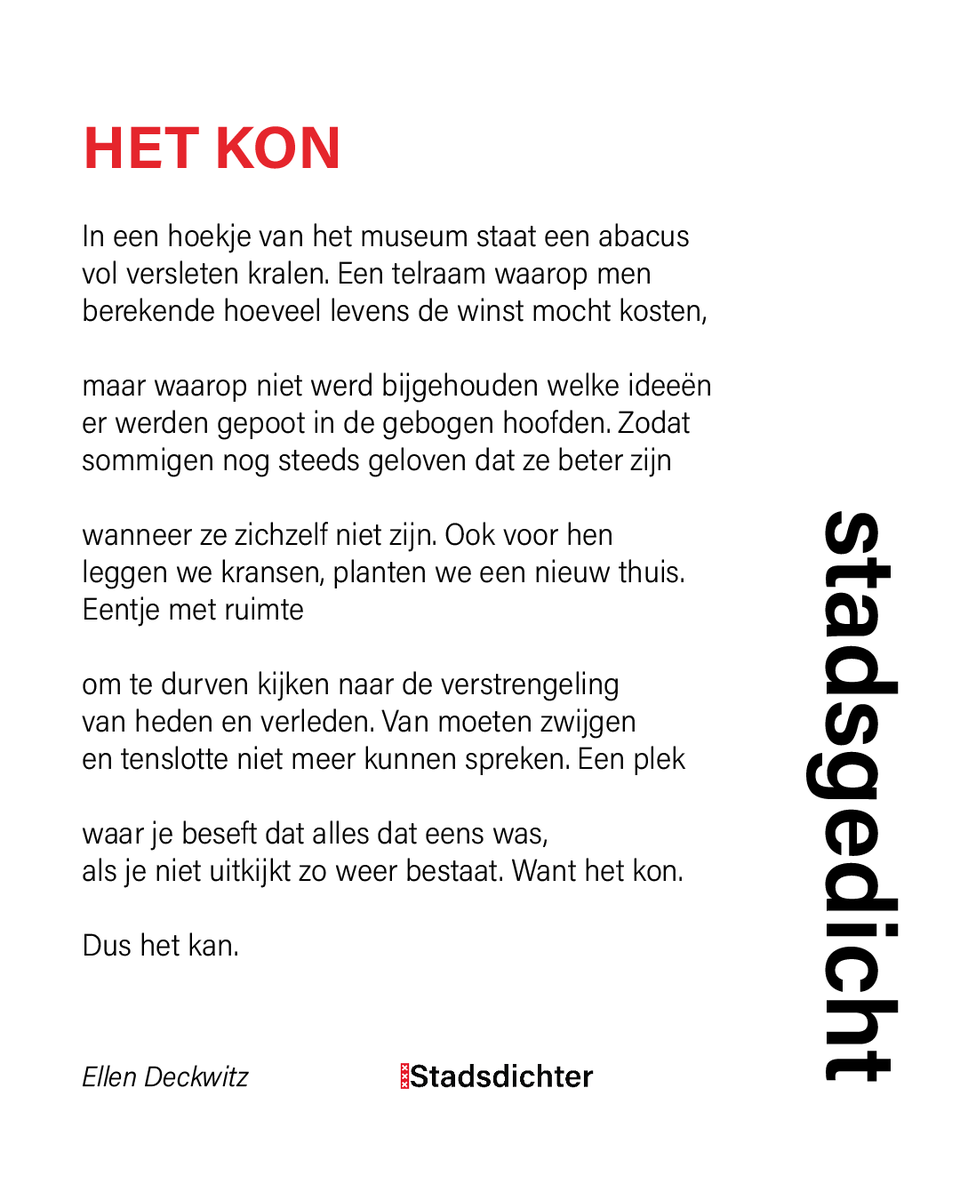 Het zesde Stadsgedicht van Ellen Deckwitz staat online!
Ellen schreef dit gedicht ter gelegenheid van de Dekoloniale Indonesië Nederland herdenking van 16 augustus 2024, op het Olympiaplein te Amsterdam. Lees al Ellens Stadsgedichten via: slaa.nl/stadsdichter-e… <a href="/parool/">Het Parool</a>